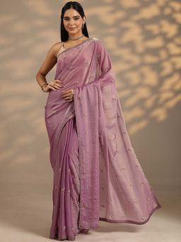 Libas - Women Onion Pink Embellished Stone Work Silk Blend Saree with Unstitched Blouse