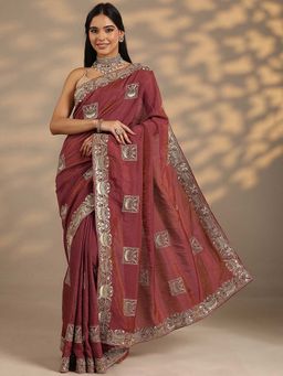 Libas - Women Rust Embroidered Stone Work Silk Blend Saree with Unstitched Blouse