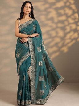 Libas - Women Teal Embroidered Stone Work Silk Blend Saree with Unstitched Blouse