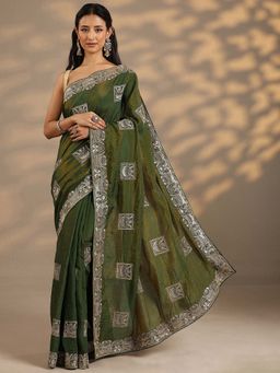 Libas - Women Olive Embroidered Stone Work Silk Blend Saree with Unstitched Blouse