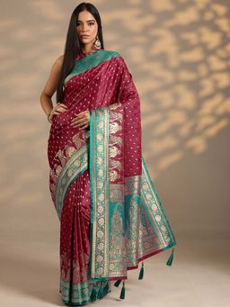 Libas - Women Maroon Woven Stone Work Silk Blend Saree with Unstitched Blouse