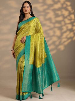 Libas - Women Green Woven Stone Work Silk Blend Saree with Unstitched Blouse