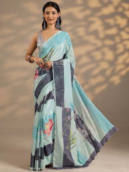 Libas - Women Blue Floral Printed Silk Blend Saree with Unstitched Blouse