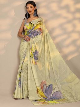 Libas - Women Yellow Floral Printed Beads Work Silk Blend Saree with Unstitched Blouse