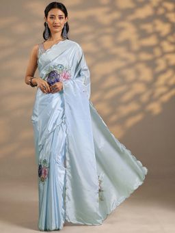 Libas - Women Blue Floral Printed Beads Work Silk Blend Saree with Unstitched Blouse