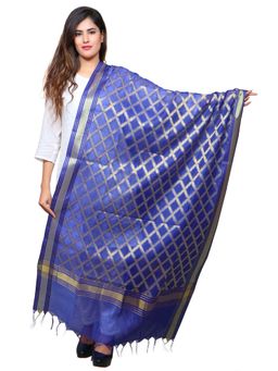 Banjara India - Women Blue Banarasi Kora Silk Woven Checks Dupatta