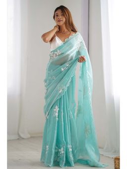 Mysilklove - Women Rainy Blue Floral Sequined Partywear Saree with Unstitched Blouse