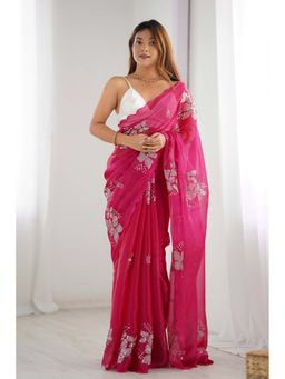 Mysilklove - Women Blossom Pink Floral Sequined Partywear Saree with Unstitched Blouse