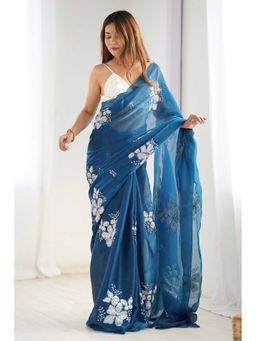 Mysilklove - Women Blue Floral Sequined Partywear Saree with Unstitched Blouse