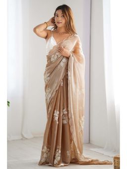 Mysilklove - Women Beige Floral Sequined Partywear Saree with Unstitched Blouse