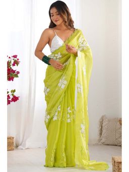 Mysilklove - Women Green Floral Sequined Partywear Saree with Unstitched Blouse