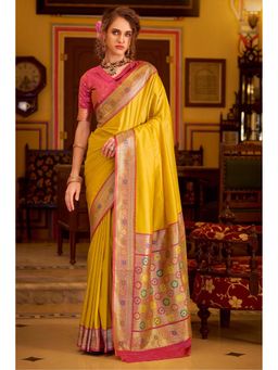 Mysilklove - Women Aureolin Yellow Zari Woven Banarasi Soft Silk Saree with Unstitched Blouse