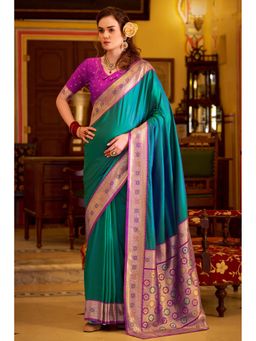 Mysilklove - Women Castleton Teal Zari Woven Banarasi Soft Silk Saree with Unstitched Blouse