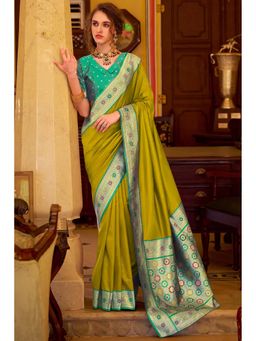 Mysilklove - Women Kelly Olive Zari Woven Banarasi Soft Silk Saree with Unstitched Blouse