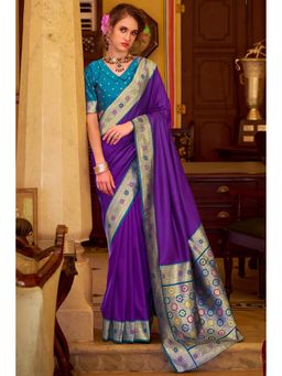 Mysilklove - Women Purple Zari Woven Banarasi Soft Silk Saree with Unstitched Blouse