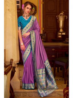 Mysilklove - Women Orchid Purple Zari Woven Banarasi Soft Silk Saree with Unstitched Blouse
