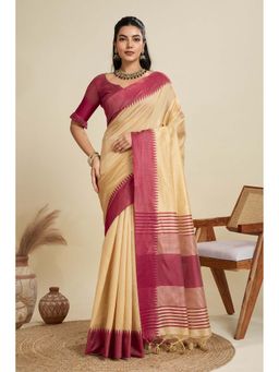 Mysilklove - Women Cream Yellow Woven Raw Silk Saree with Unstitched Blouse