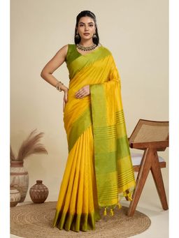 Mysilklove - Women Sun Flower Yellow Woven Raw Silk Saree with Unstitched Blouse