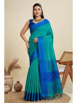 Mysilklove - Women Teal Woven Raw Silk Saree with Unstitched Blouse