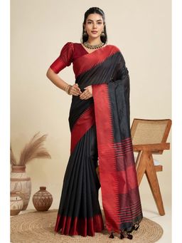 Mysilklove - Women Black Woven Raw Silk Saree with Unstitched Blouse