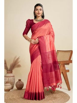 Mysilklove - Women Candy Pink Woven Raw Silk Saree with Unstitched Blouse
