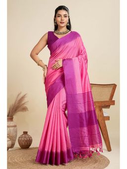 Mysilklove - Women Neon Pink Woven Raw Silk Saree with Unstitched Blouse