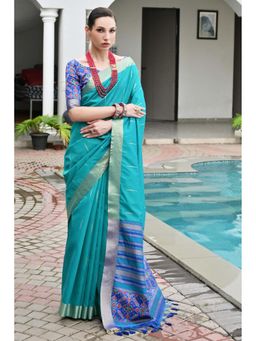 Mysilklove - Women Blue Woven Patola Saree with Unstitched Blouse