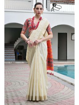 Mysilklove - Women Off White Woven Patola Saree with Unstitched Blouse