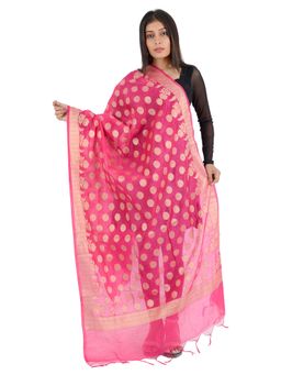 Banjara India - Women Pink Floral Woven Banarasi Kora Silk Dupatta