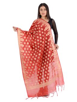 Banjara India - Women Red Floral Woven Banarasi Kora Silk Dupatta