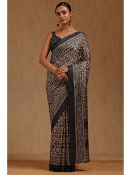 Soch - Women Navy Blue Art Silk Printed Motifs Saree with Unstitched Blouse