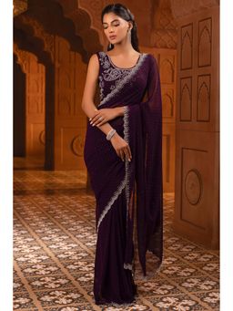 Soch - Women Purple Georgette Stone Work Saree with Unstitched Blouse