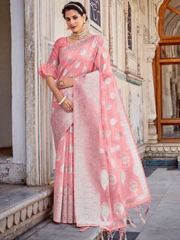 Odette - Womens Peach Linen Woven Design Saree with Unstitched Blouse