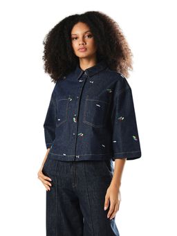 ONLY - Women's Self Design Oversized Fit Blue Shirt