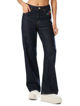 ONLY - Women's Abstract Print Straight Blue Jeans