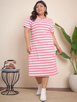 CURVY STREET - Pink Striped T-Shirt Dress