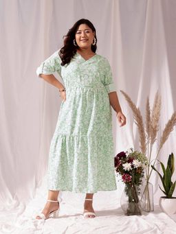 CURVY STREET - Green V Neck Midi Dress