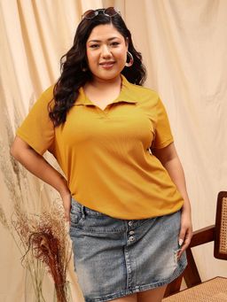 CURVY STREET - Mustard Cropped Polo T-Shirt