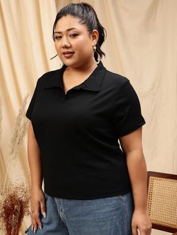 CURVY STREET - Black Cropped Polo T-Shirt