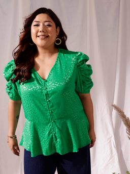 CURVY STREET - Green Jacquard Satin Top