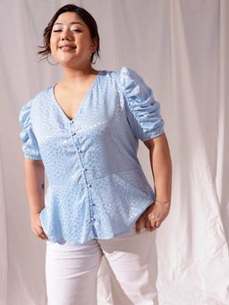 CURVY STREET - Blue Jacquard Satin Top