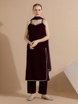 Jaipur Kurti - Maroon Lace Work Cotton Kurta with Pant and Dupatta (Set of 3)