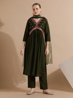 Jaipur Kurti - Ethnic Motif Cotton Green Kurta with Pant Nd Dupatta (Set of 3)