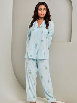 Addery - Blue Printed Full-Sleeves Shirt with Pyjama (Set of 2)