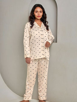 Addery - Cream Soft Silk Printed Shirt with Pyjama (Set of 2)