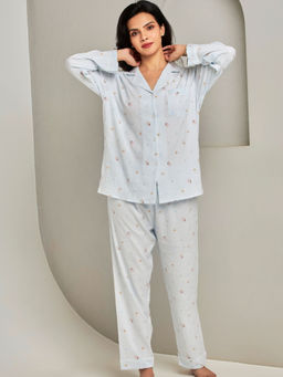 Addery - Blue Printed Shirt with Pyjama (Set of 2)