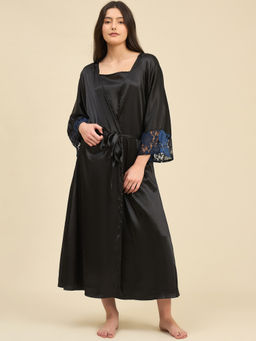 The Kaftan Company - Black Satin Lace-Trimmed Nightdress with Cover-Up (Set of 2)