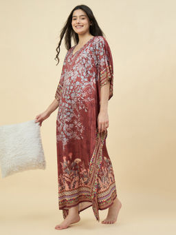 The Kaftan Company - Brown Satin Floral Luxurious Comfort Kaftan