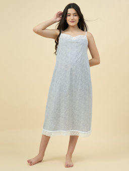 The Kaftan Company - White Cotton Printed Negligee Nightdress