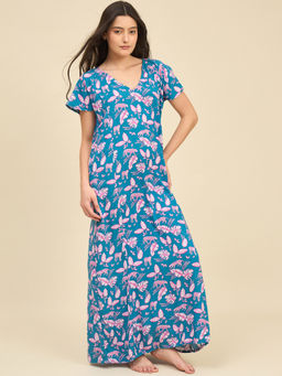 The Kaftan Company - Blue Viscose Rayon Jungle Print Nightdress